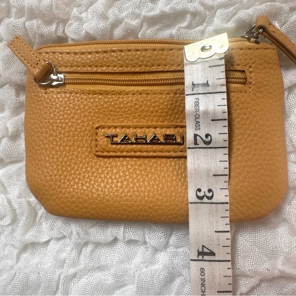 Tahari Leather Wallet Card Holder with Zipper Closure Mustard Color